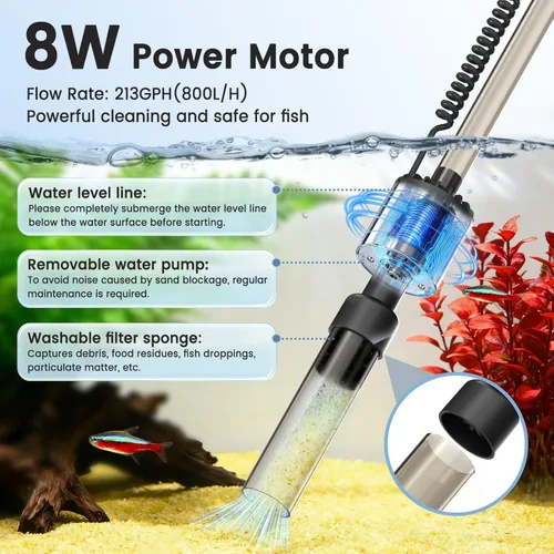 Miniatura 3 de fishkeeper Limpiador eléctrico para peceras – Herramientas de limpieza de acuarios recargables de 8 W con aspiradora de grava, cambiador de agua