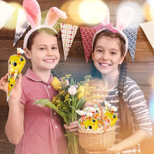 Miniatura 7 de SULOLI 100 bolsas de celofán con cono de Pascua, bolsas de golosinas triangulares de 6.7 x 11.8 pulgadas con 120 lazos giratorios, 3