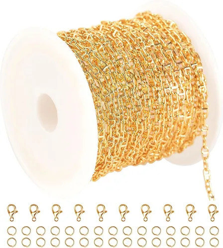 YOUBEIYEE 16.4 pies de cadena de joyería en oro claro, cadena de latón chapado en oro de 18 quilates, cadena de nariz de cerdo diminuta, collar de
