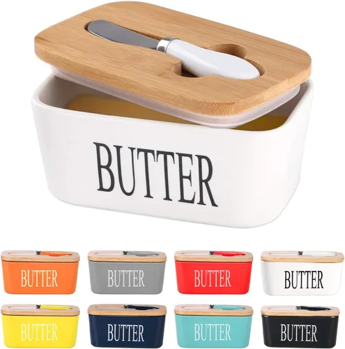 Miniatura 13 de Mantequillera de cerámica con tapa de madera, contenedor grande de mantequilla con esparcidor de cuchillo de acero inoxidable, cubierta de bambú