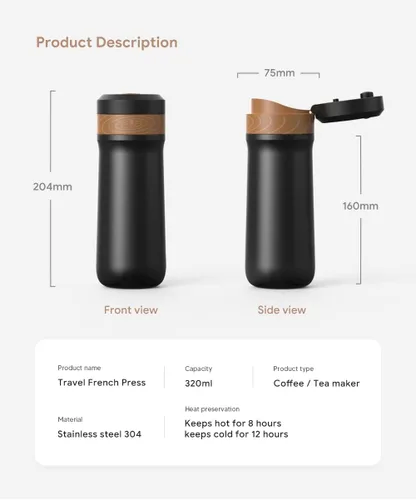 Miniatura 2 de Cafetera portátil de prensa francesa, cafetera francesa de viaje, taza de café de acero inoxidable de 12 onzas, filtro de doble malla, ideal