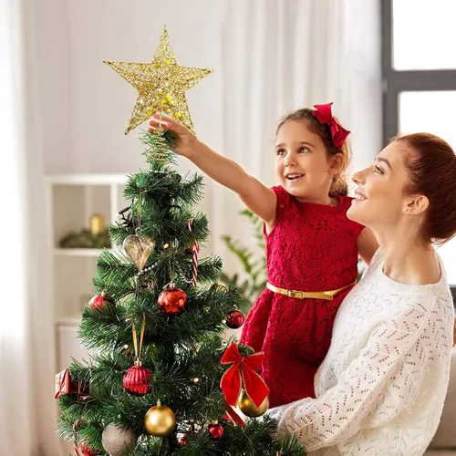 Miniatura 7 de URATOT Adorno Superior de Árbol de Navidad con Purpurina de Metal, Estrella de Alambre Hueca para la Punta del Árbol de Navidad para Decoración