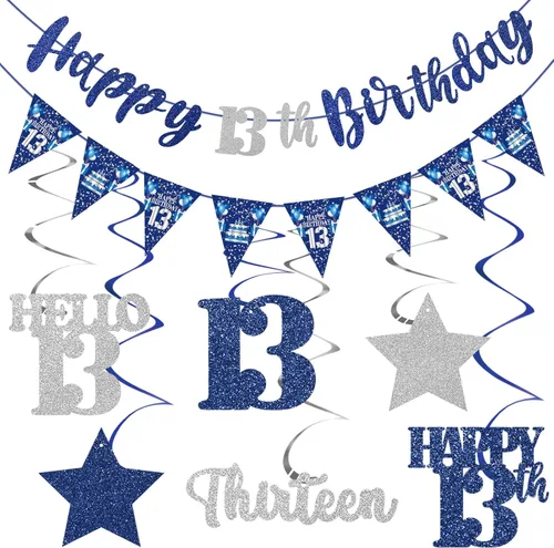Miniatura 15 de Decoración de cumpleaños número 18 azul y plateado para niños y niñas, pancarta de feliz cumpleaños 18 con estrellas de dieciocho años de edad