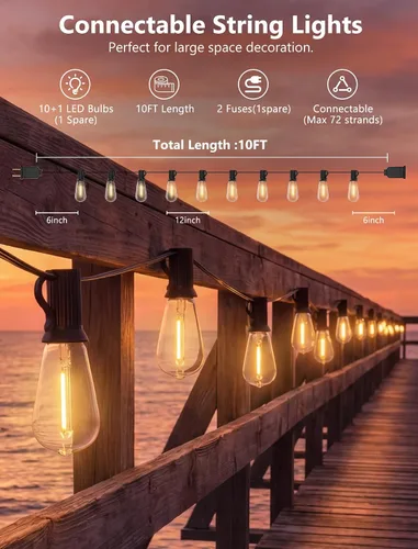 Miniatura 2 de Guirnalda de luces para exteriores de 10 pies, 10 luces LED Edison ST40 para patio Bombillas inastillables, IP65 impermeables, regulables, 2700 K