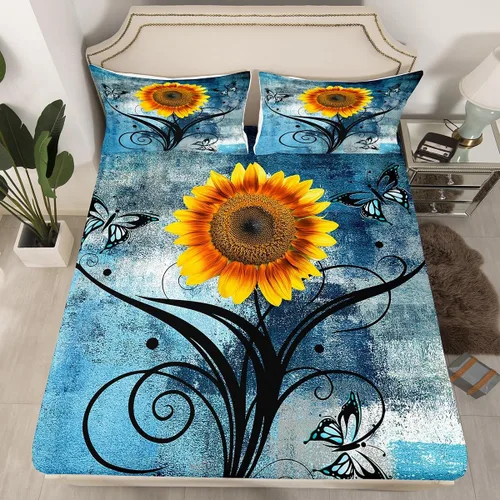 Miniatura 21 de Erosebridal Juego de ropa de cama rústica de tamaño individual, diseño de mariposa y girasol, para niños, adolescentes, adultos, retro, grunge