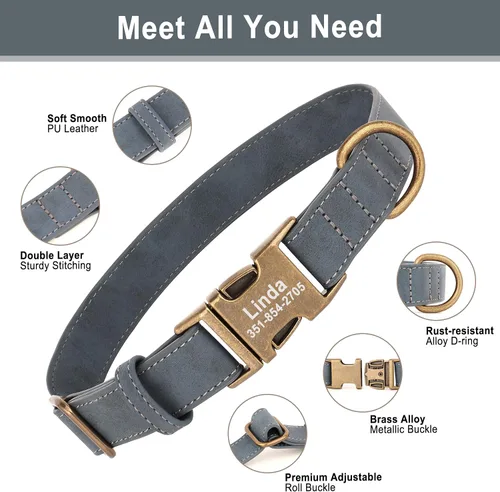 Miniatura 3 de Collares de perro personalizados para perros grandes, collar de perro de cuero PU suave personalizado con nombre y número de ID grabados, collares