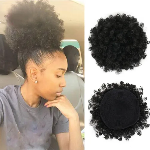 Miniatura 7 de LEOSA YiTi - Cola de caballo afro alta con cordón corto afro rizado con clip en moño de pelo rizado sintético hecho de fibra con clips (negro)