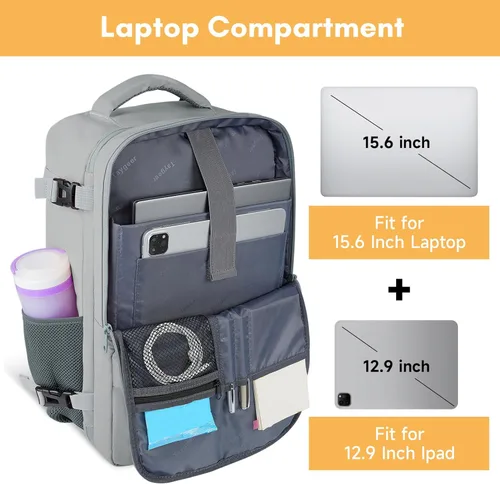 Miniatura 6 de Taygeer Mochila de Equipaje de Mano, Mochila de Viaje para Mujeres con Puerto de Carga USB y Bolsa para Zapatos, Mochila para Laptop de 15.6 Gris