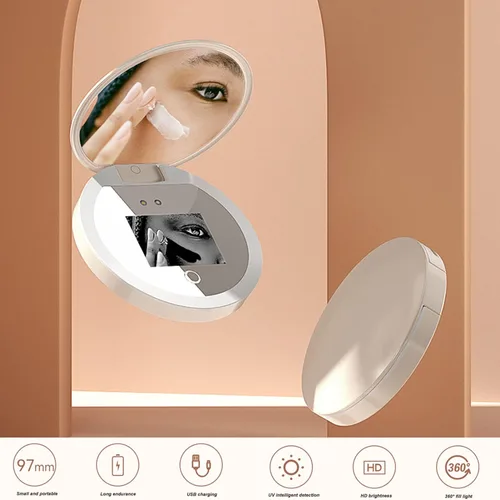 Miniatura 2 de Espejo compacto de viaje, espejo portátil de maquillaje iluminado de 3.5 pulgadas con aumento 2X y cámara de prueba de protección solar para mujeres