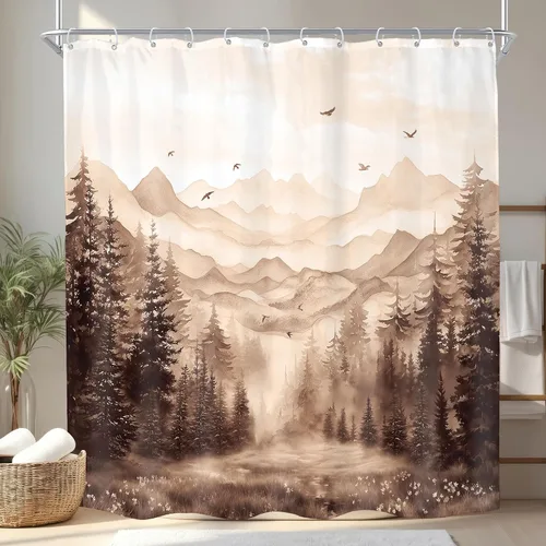 Miniatura 9 de KOMLLEX Cortina de ducha de montaña azul para decoración de baño, 72 pulgadas de ancho x 72 pulgadas de alto, rústico, acuarela, bosque, pino
