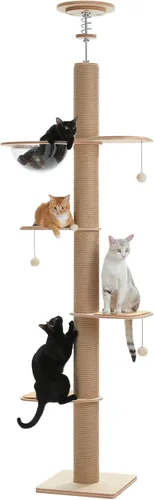 Miniatura 9 de PETEPELA Torre para gatos de 5 niveles de piso a techo, altura del árbol para gatos (95-107 pulgadas), ajustable, árbol de escalada alto con poste