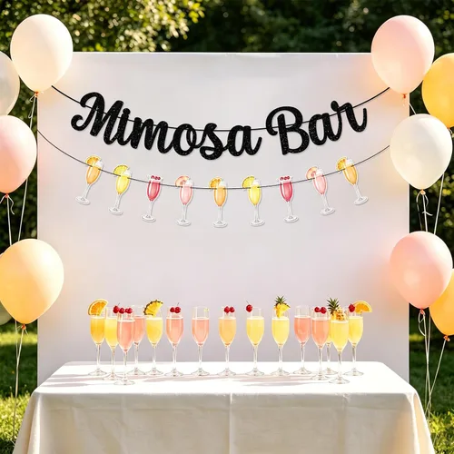 Miniatura 6 de Mimosa Bar Sign Banner Glitter Decorations for Bridal Shower Champagne Brunch Baby Shower Wedding Engagement Birthday Party Graduation Fiesta (Black)