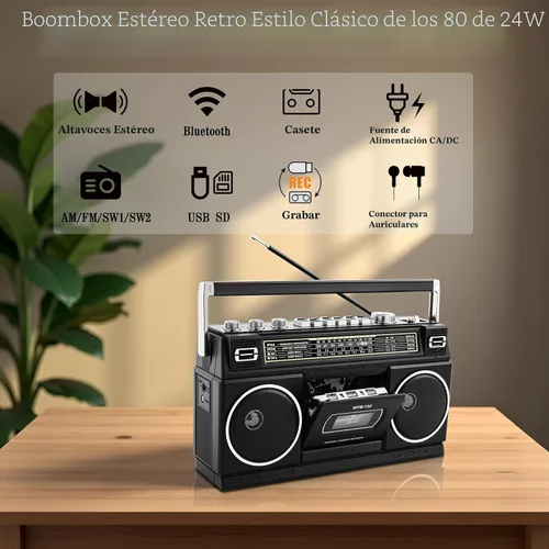 Miniatura 2 de Boombox portátil estilo retro clásico de los años 80 con reproductor grabador de casete, radio AM/FM/SW1/SW2, Bluetooth, ranuras USB/Micro SD