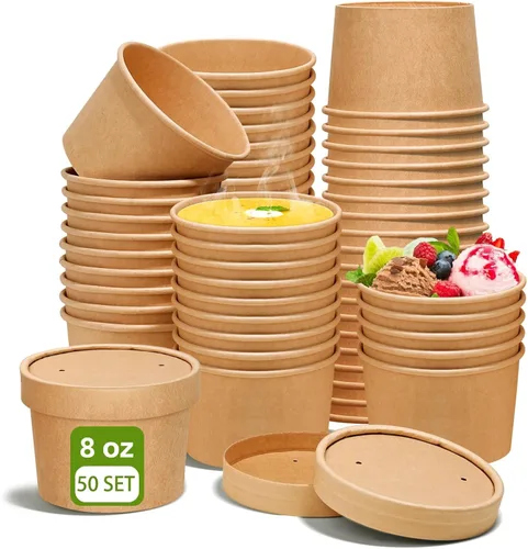 Miniatura 14 de Paquete de 100 recipientes de papel de 4 onzas para sopa con tapas ventiladas, recipientes desechables para alimentos, tazas de helado de estraza