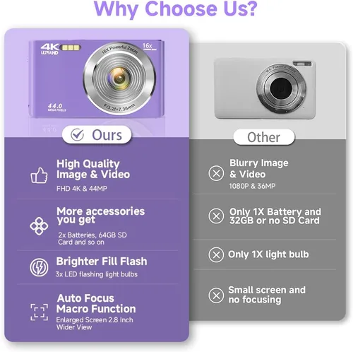 Miniatura 2 de Cámara digital para adolescentes, cámara digital FHD 4K 44MP color púrpura con tarjeta SD de 64GB, zoom digital 16X, cámaras para fotografía, cámara