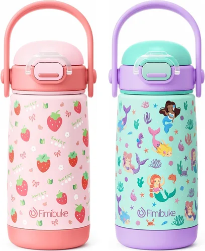 Miniatura 20 de Fimibuke Botella de agua aislada para niños con tapa con pajita y asa - 14 onzas, sin BPA, acero inoxidable 18/8, recipiente de metal, a prueba