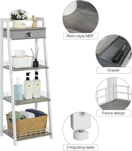 Miniatura 8 de keomaisyto Elegante estante de escalera de 4 niveles, estante de almacenamiento para baño, estantería de escalera con cajón, estantes de Blanco