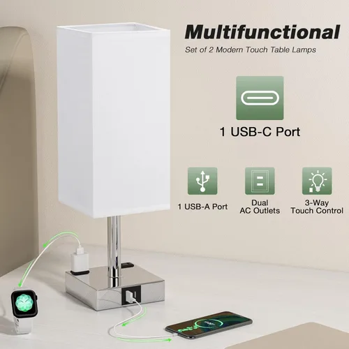 Miniatura 3 de aooshine - Juego de 2 lámparas de mesita de noche con control táctil con puertos de carga USB-C+A y salidas de AC, lámpara de mesita de noche