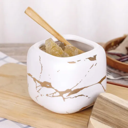 Miniatura 5 de VanEnjoy Recipientes de cerámica con patrón de mármol decorativo para azúcar y especias, tarro de porcelana con tapa y cuchara de bambú, recipiente
