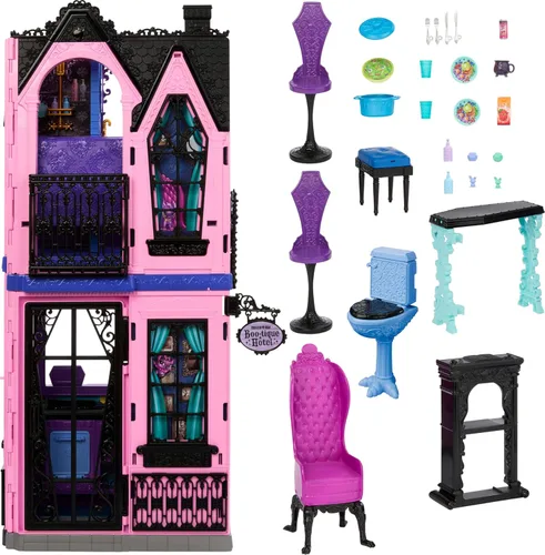 Miniatura 6 de Monster High Boo-tique Hotel Casa de Muñecas, juego plegable con sorpresas espeluznantes en cada habitación y más de 13 piezas, incluyendo muebles