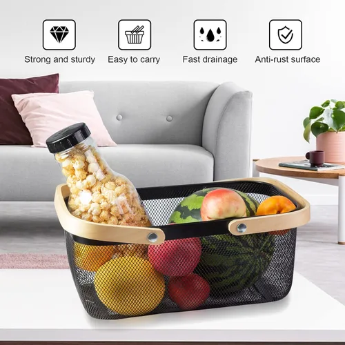 Miniatura 5 de Cesta portátil de cosecha de jardín, diseño de malla, cesta de almacenamiento de alambre con mango de bambú natural, cesta de malla con asa
