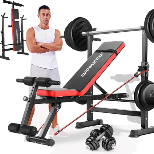 OPPSDECOR Banco de pesas ajustable con soporte para barra de peso, soporte de pie removible, banco de pesas todo en uno de 600 libras, banco de Rojo