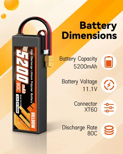 Miniatura 2 de Hilldow 11.1V 5200mAh Lipo Battery 3S 80C Hard Case RC Battery with XT60 Connector for RC Car Truck Boat Airplane Quadcopter Helicopter Racing Hobby