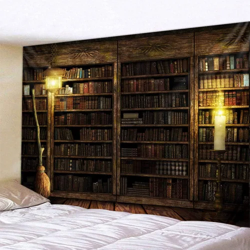 Kanora Estantería vintage para colgar en la pared, tapiz de sala de estudio, estantería retro, biblioteca de arte de pared, tapices bohemios