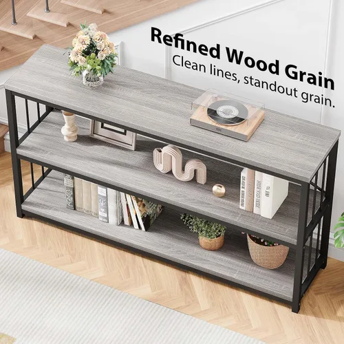 Miniatura 8 de LVB Mesa de Entrada Estilo Granja, Mesa Consola de Metal y Madera para Pasillo, Mesa de Sofá Rústica Industrial con Estante de Almacenamiento de 3