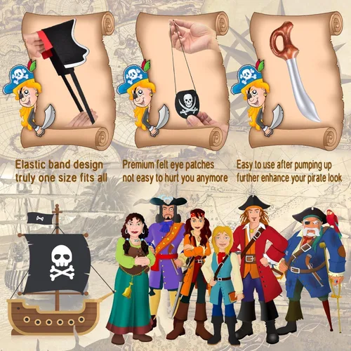 Miniatura 4 de Legigo Juego de 18 piezas divertidas de fiesta pirata, incluye 6 sombreros de pirata, 6 parches para ojos, 6 espadas inflables para fiesta pirata