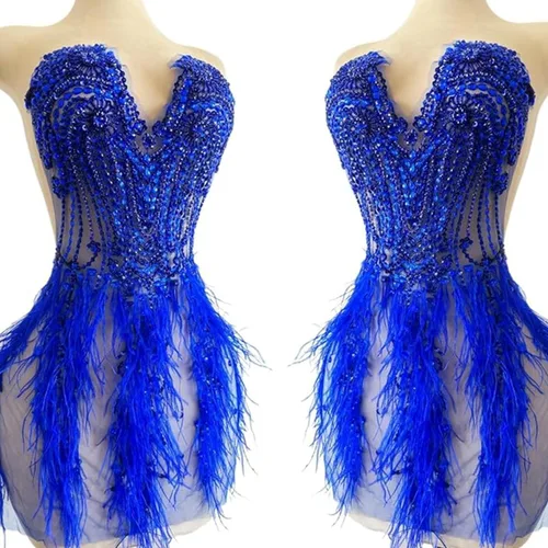 Parches de cuentas bordadas a mano con adornos de piel de avestruz brillantes, aplicación de strass para el corpiño, accesorios para vestidos de Azul