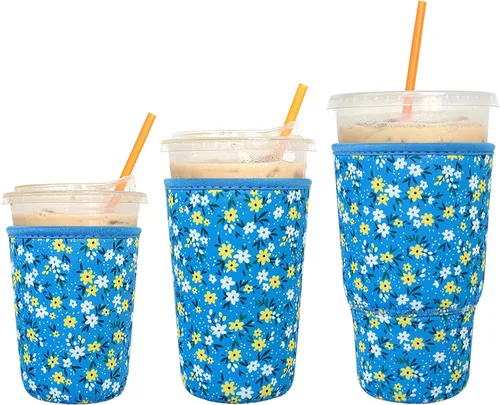 Miniatura 22 de Paquete de 3 fundas reutilizables para café helado - Xumbtvs funda aislante para bebidas frías, soporte de taza de café de neopreno (negro)