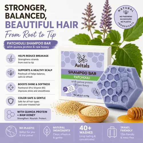 Miniatura 5 de Avital's Apiaries Barra de champú de pachulí para cabello seco y teñido sin sulfato sólido con proteína de quinua, pantenol y manteca de karité