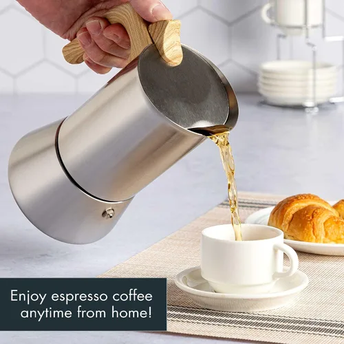 Miniatura 6 de Primula Cafetera y cafetera de acero inoxidable de alta calidad, olla moka para café clásico italiano, 6 tazas, mango de aspecto de madera