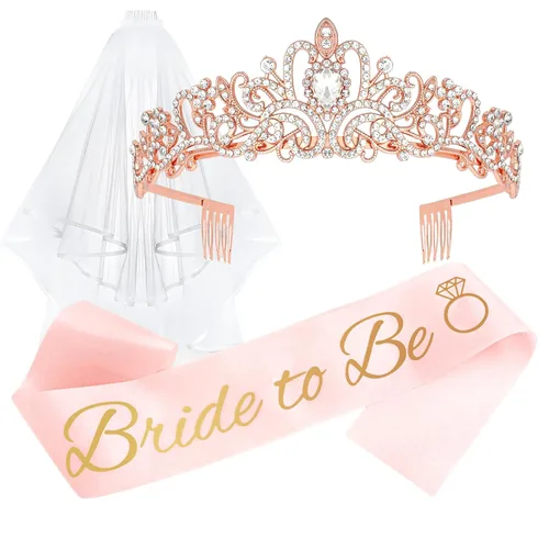 Miniatura 9 de CIEHER Corona de oro rosa + banda de novia + velo de boda para despedida de soltera, decoraciones de despedida de soltera, banda de despedida