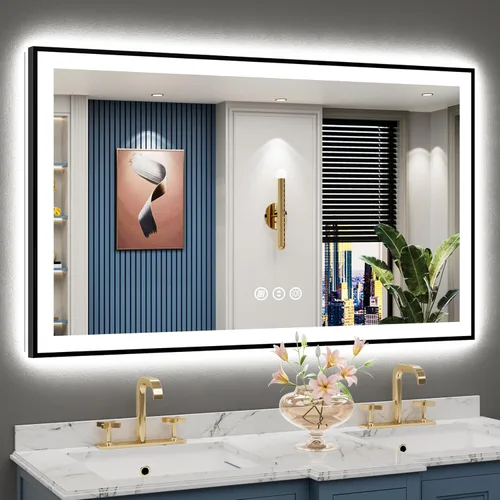 Miniatura 86 de 30x36 Espejo de baño LED con luces, retroiluminado y luz frontal, espejo de tocador iluminado antivaho para pared de baño, 3 colores, regulable