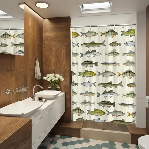 Miniatura 3 de Sanzugh Cortina de ducha rústica para cabaña de pesca, caravana, remolque, baño, campo, lago, camping, juego de cortinas de ducha pequeñas y cortas