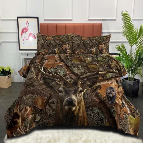 NINENINE Juego de edredón de camuflaje, juego de cama tamaño Queen para niños, juego de cama de caza con 1 edredón y 2 fundas de almohada Ciervo 5021