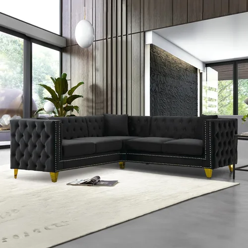 Miniatura 9 de Sofá de terciopelo de 3 plazas, cómodos sofás para sala de estar, sofá moderno con respaldo copetudo y decoración de remaches, sofá largo tapizado