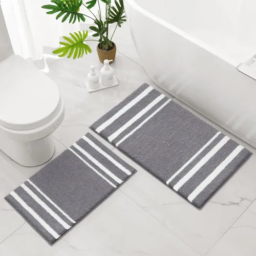 HOMEIDEAS Juego de 2 alfombras de baño, a rayas, súper absorbentes, de microfibra suave, antideslizantes, lavables, para ducha y bañera (gris)