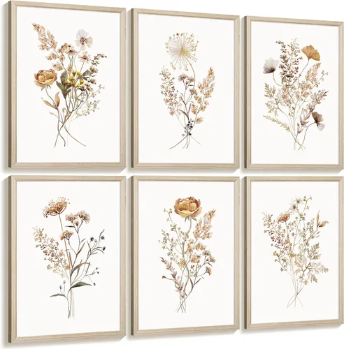 Miniatura 7 de Juego de 6 arte de pared de flores de acuarela con diseño botánico de flores silvestres, arte de pared en lienzo neutro bohemio, impresiones