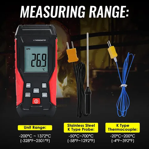 Miniatura 2 de Termómetro digital tipo K con dos sondas de termopar, -328°F ~ 2501°F Termómetro de termopar de un solo canal, medidor de temperatura HVAC