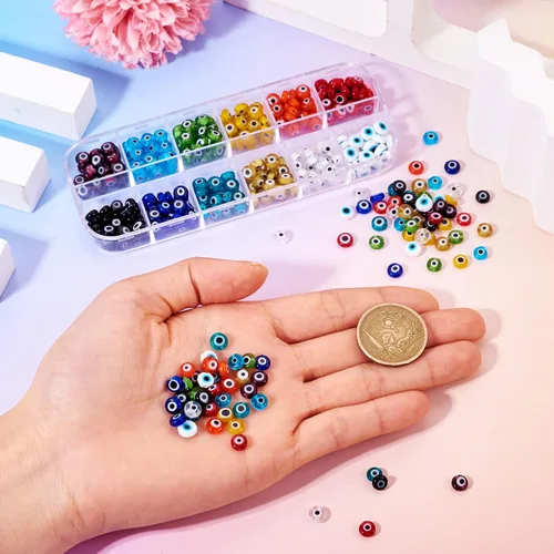 Miniatura 6 de Cheriswelry 420 unidades/caja de 0.236 in surtidas cuentas de cristal de ojo malvado multicolor, planas, redondas, monstruo, disco de ojo