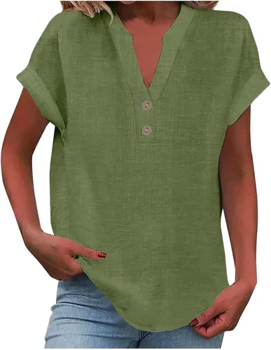 Miniatura 22 de Camisas de lino para mujer 2025 verano casual cuello en V botón abajo manga corta tops moda cómodo negocio trabajo blusas, beige (A-Beige)