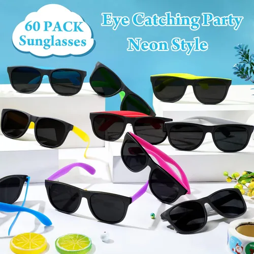 Miniatura 4 de Paquete de 60 lentes de sol de neón – 10 colores, estilo 80 novedosos lentes de sol para premios de aula, relleno de bolsas de golosinas, fiesta