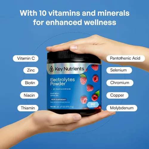 Miniatura 4 de KEY NUTRIENTS Electrolitos multivitamínicos en polvo sin azúcar - Polvo de electrolito de frambuesa azul dulce - Suplemento de resistencia y energía