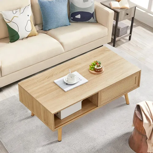Miniatura 6 de Mesa de centro de ratán, mesa de centro moderna de mediados de siglo de 40.3 pulgadas con almacenamiento, mesa rectangular de madera para sofá