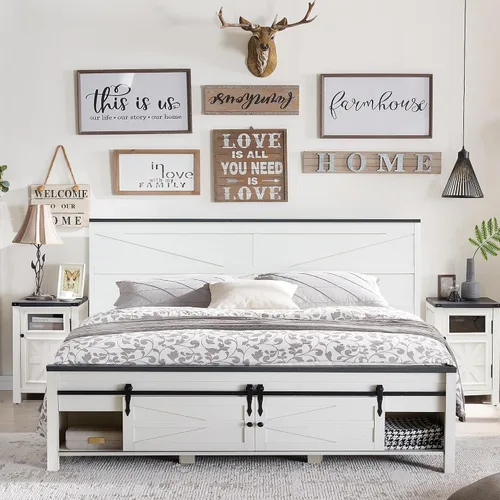 Miniatura 7 de JXQTLINGMU Marco de Cama de Madera Estilo Granja Tamaño Queen con Armarios de Almacenamiento con Puertas Corredizas de Granero y Cabecero, Soporte