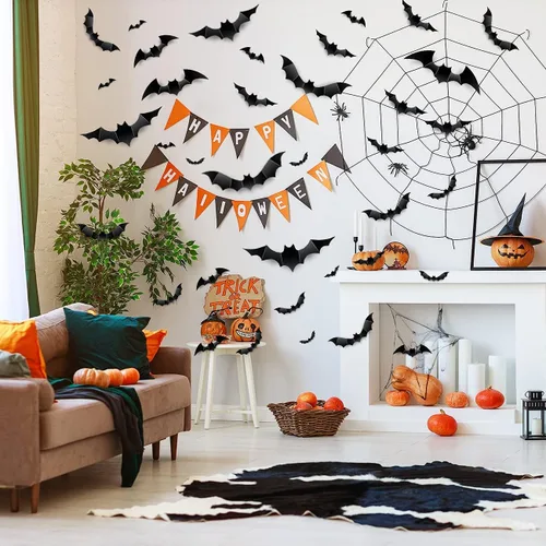 Miniatura 6 de Decoración de pared de murciélagos 3D de Halloween, decoración de murciélagos de plástico mejorada, 60 unidades, 4 tamaños, reutilizables, PVC