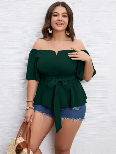 Miniatura 3 de SCOMCHIC Blusa peplum con hombros descubiertos para mujer, talla grande, media manga acampanada, cintura con lazo en la cintura, dobladillo